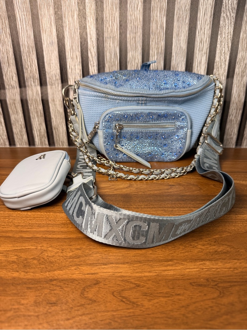 Steve Madden Light Blue Embellished Crossbody Bag with Chain Detail - Picture 2 of 16